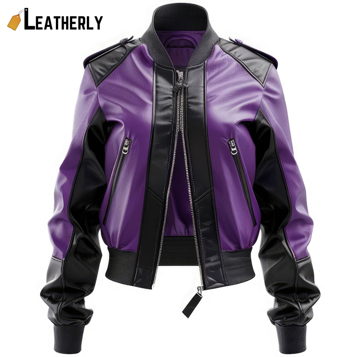 purple and black bomber jacket