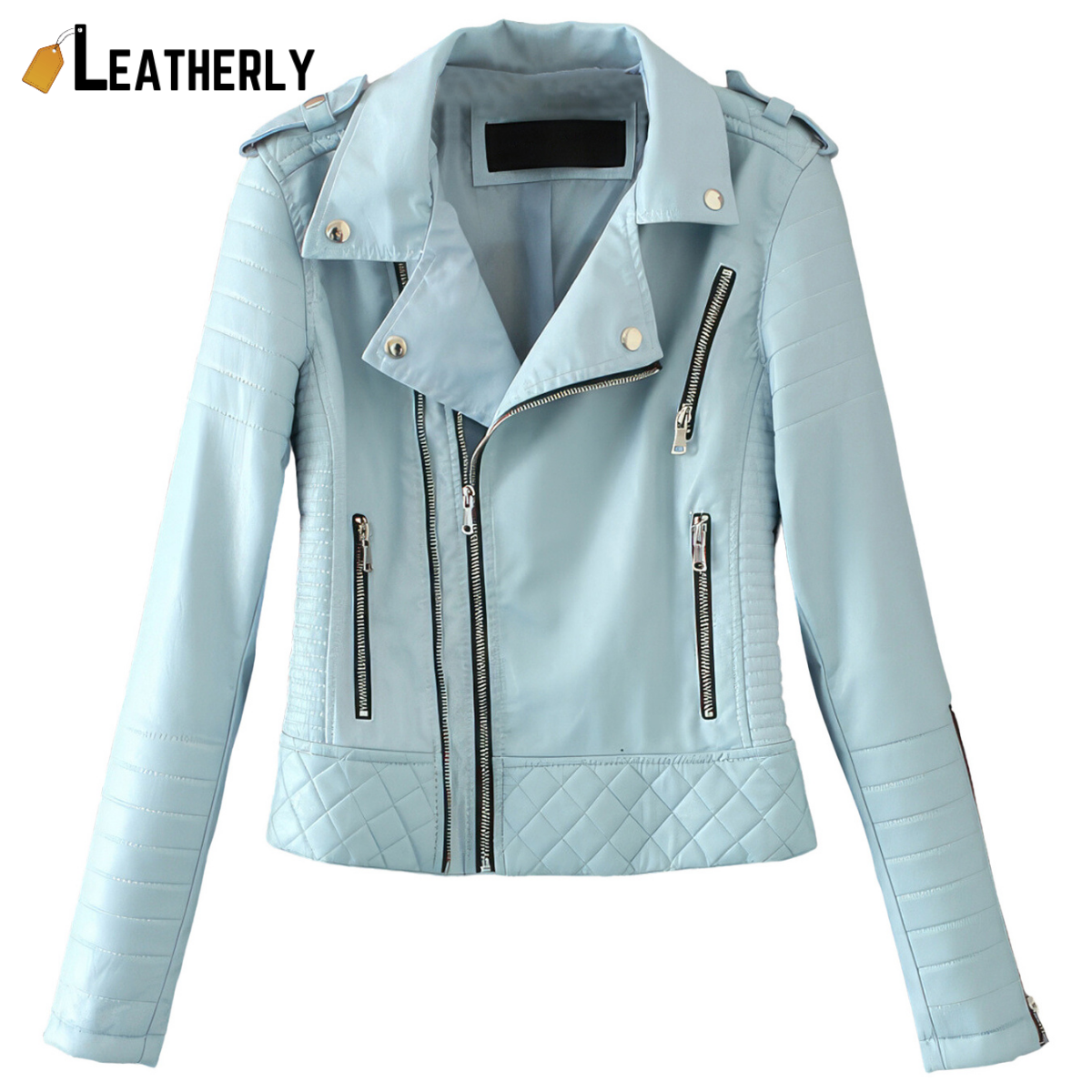 light blue leather biker jacket