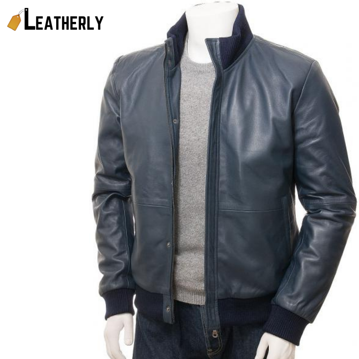 blue leather bomber jacket